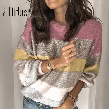 

Blingbling Striped Sweater Women Winter Sweater 2019 Plus Size Autumn Women Warm Knitted Sweaters Pullover Tops Jumper Roupas