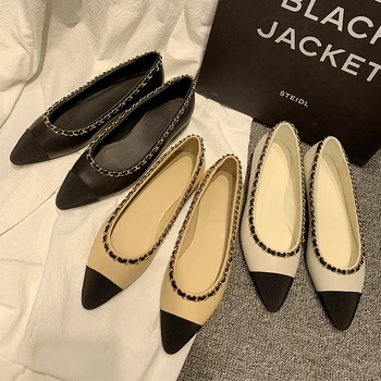

Genuine Leather Women Loafers Fashion Mental Chain Mixed Color Casual Shoes Runway Pointed Toe Flats Shoes Woman Party Dress