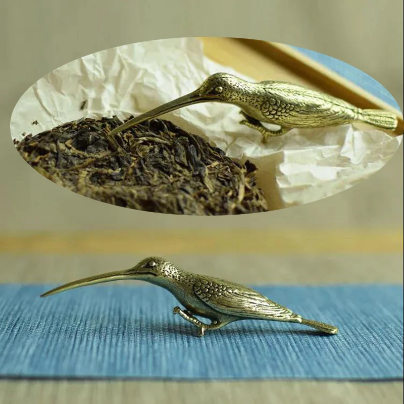 Solid Copper Long Mouth Bird Statue Ornaments Classic Brass Animal Woodpecker Figurines Home Desk Decorations Pu 'er Tea Needle tea needle set
