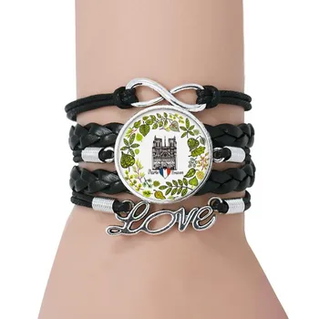 

Notre Dame Cathedral Paris France Bracelet Love Black Twisted Leather Rope Wristband