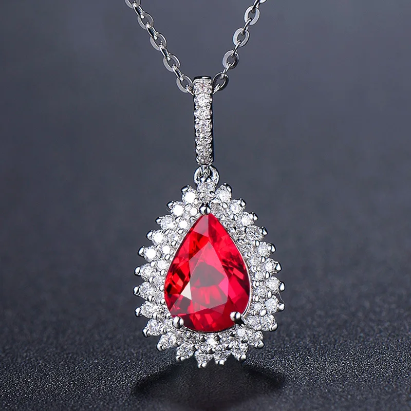 Fashion Silver 925 Jewelry Women Necklace with Oval Shape Ruby Diamond Gemstones Pendant Wedding Party Bohemia Gifts Wholesale