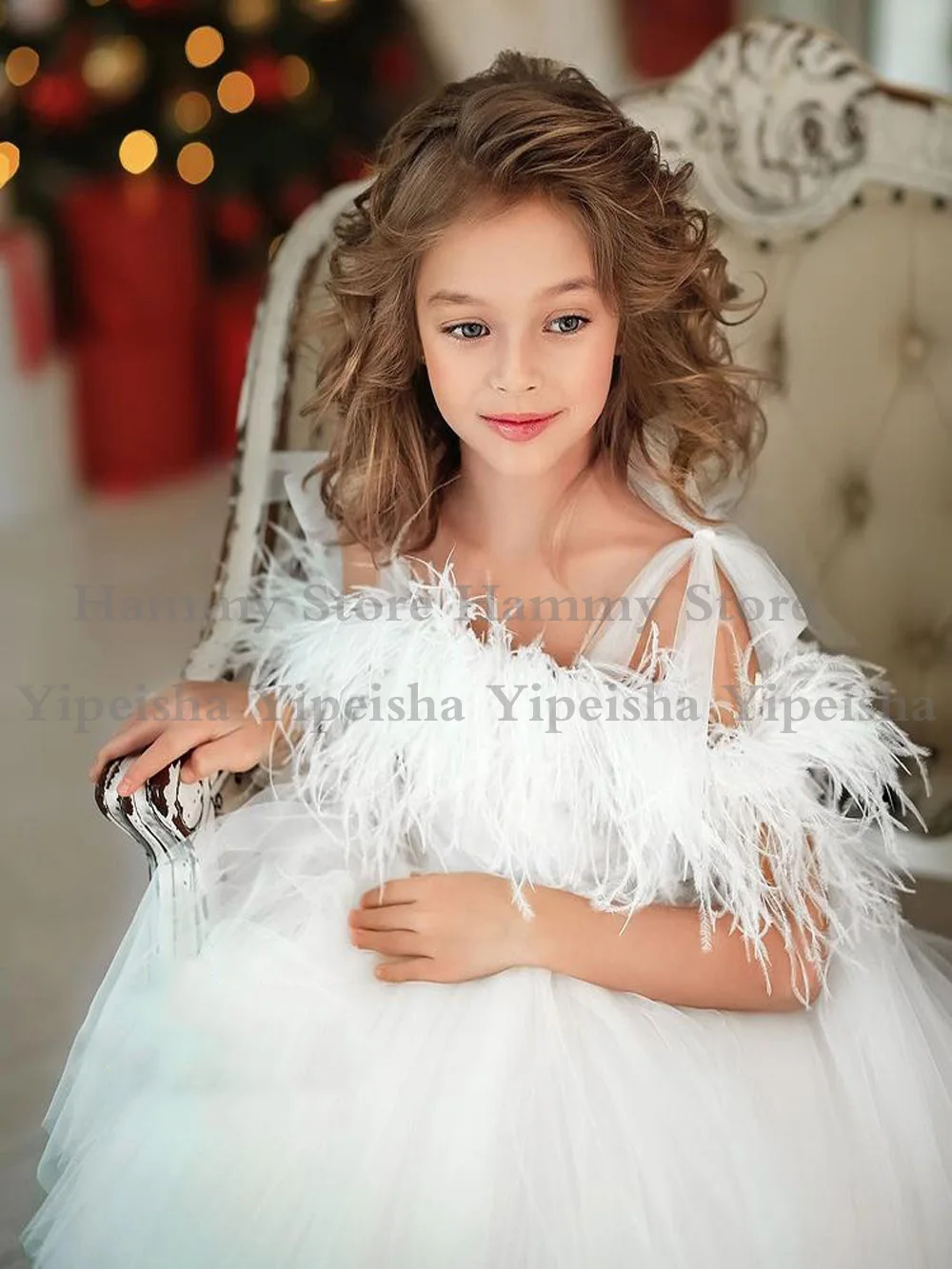 White Flower Girl Dress Feathers Bow Straps Girl's Wedding Party  Off The Shoulder Puff First Communion Gown