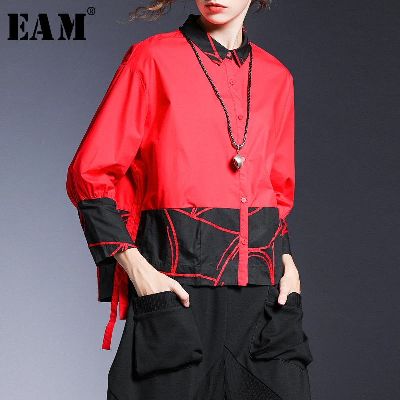 

[EAM] Women Spliced Print Pleated Split Blouse New Lapel Long Sleeve Loose Fit Shirt Fashion Tide Spring Autumn 2019 1A033