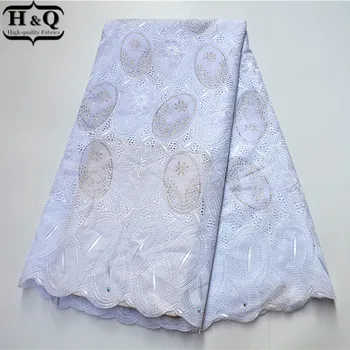 

White 100% Cotton African Lace Fabric High Quality Swiss Voile Lace In Switzerland Fashion With Stones 5 Yards For Wedding Dress