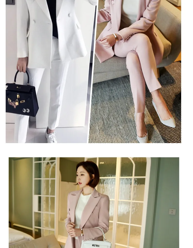Nieuwe vrouwen mode pak бизнес OL Professional pak effen kleur dubbele knop jasje+ Enkellange Broek pak XS-2XL