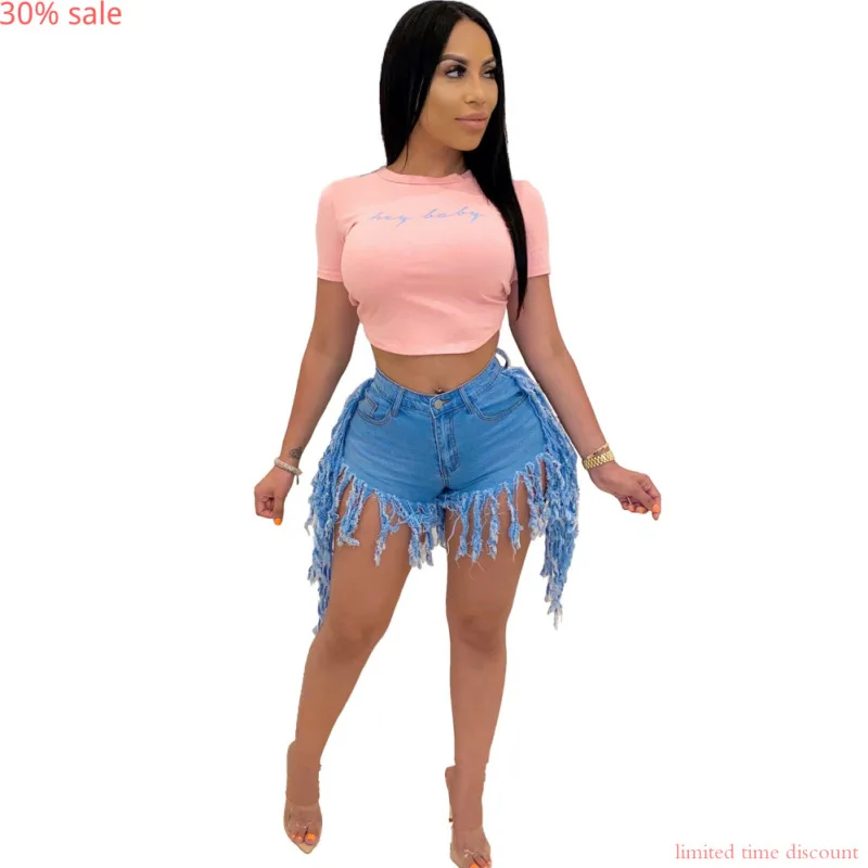 Denim Shorts Women Plus Size Fashion Pockets Tassel Ladies Jeans Pants 2020 Hem Regular High Waisted | Женская одежда