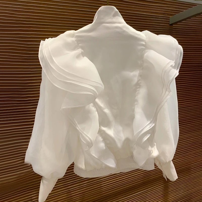 TWOTWINSTYLE Повседневная Лоскутная рубашка с оборками Женская водолазка фонарь длинный рукав Свободная блузка для женщин модная одежда Новинка