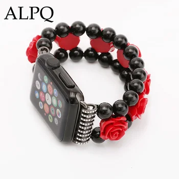 

ALPQ Agate Watchband For Apple Watch 5 4 Band Strap 38mm 42mm 40mm 44mm Luxury Black Onyx Carved Strap For iWatch Series 3 2 1