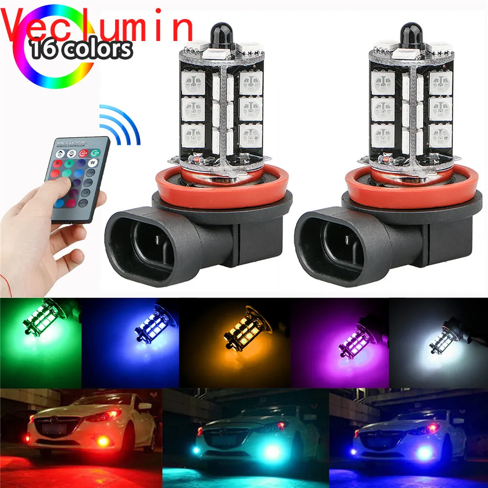 Rgb 2 pces 12v 27smd 5050 multi-color rgb led luzes de nevoeiro condução lâmpadas remoto (para não incluir a bateria) h11/h8 h4 h16 5202