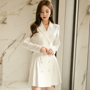 

Winter Notched Blazer Cloth Women Vestidos Full Sleeve Double Breasted White Pleated Office Coat