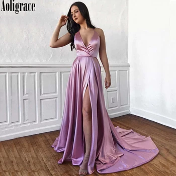 

Satin Prom Dresses 2020 A Line Sexy Deep V Neck High Slit Open Back Formal Long Evening Party Gown Vestidos Robe De Soiree
