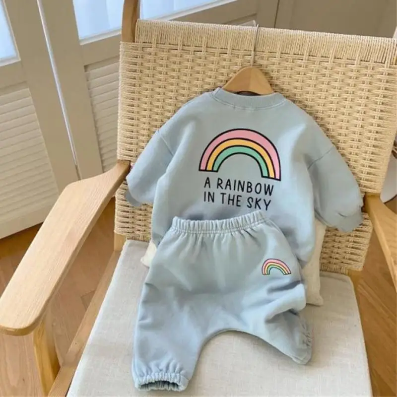 sun baby clothing set 2022 Baby Boys Girls Clothes Set Toddler Kids Children Outfits Rainbow Print Long Sleeve Sweatshirt Tops + Casual Pant Suit 2pcs Baby Clothing Set for boy