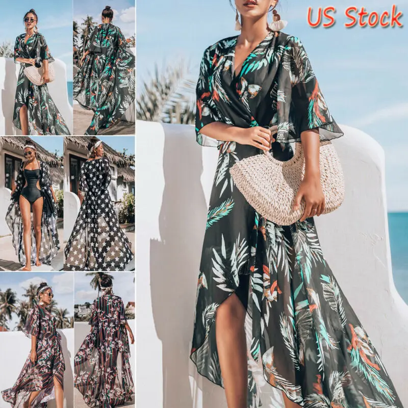 

Plus Size Boho Chiffon Kimono Shirt Bikini Cover-Up Women See-through Cardigan Long Beach Cover Up Top Floral Print Dress 2019
