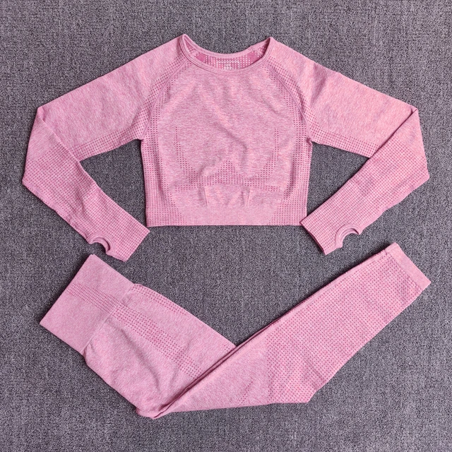 2/3/5PCS Seamless Women Yoga Set Workout Sportswear Gym Clothing Fitness Long Sleeve Crop Top High Waist Leggings Sports Suits Pink