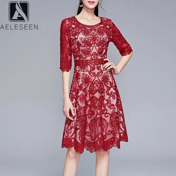 

AELESEEN Plus Size Red Dress High Quality Runway Fashion Elegant 2020 Flower Embroidery XXL 3XL Party Holiday Dress Vestidos