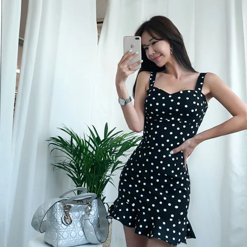 

Dress 2019 Summer New Products Korean-style Elegant Polka Dot Slimming Camisole Flounced Fishtail Skirt Women's