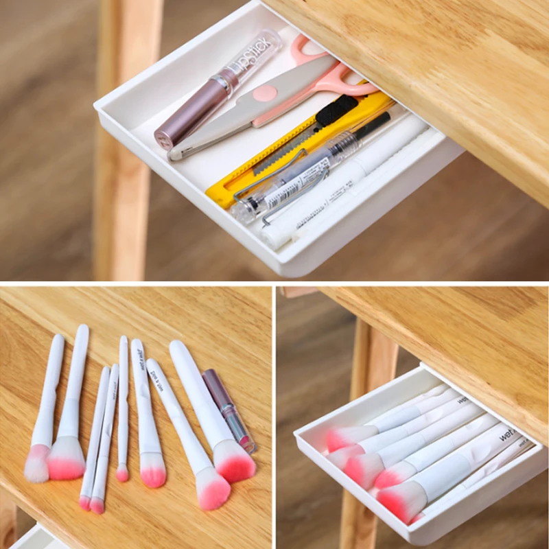 Office Organizer Self Stick Pencil Tray Desk Table Storage Drawer Box Under Desk Stand Self-adhesive Under-Drawer Storage Box