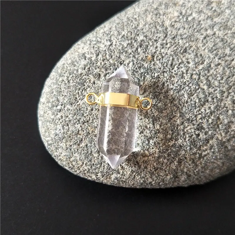 FUWO Wholesale Natural Crystal Quartz Point Pendant,Golden Double Bail Healing Stone Accessories For Necklace Making PD379 5Pcs