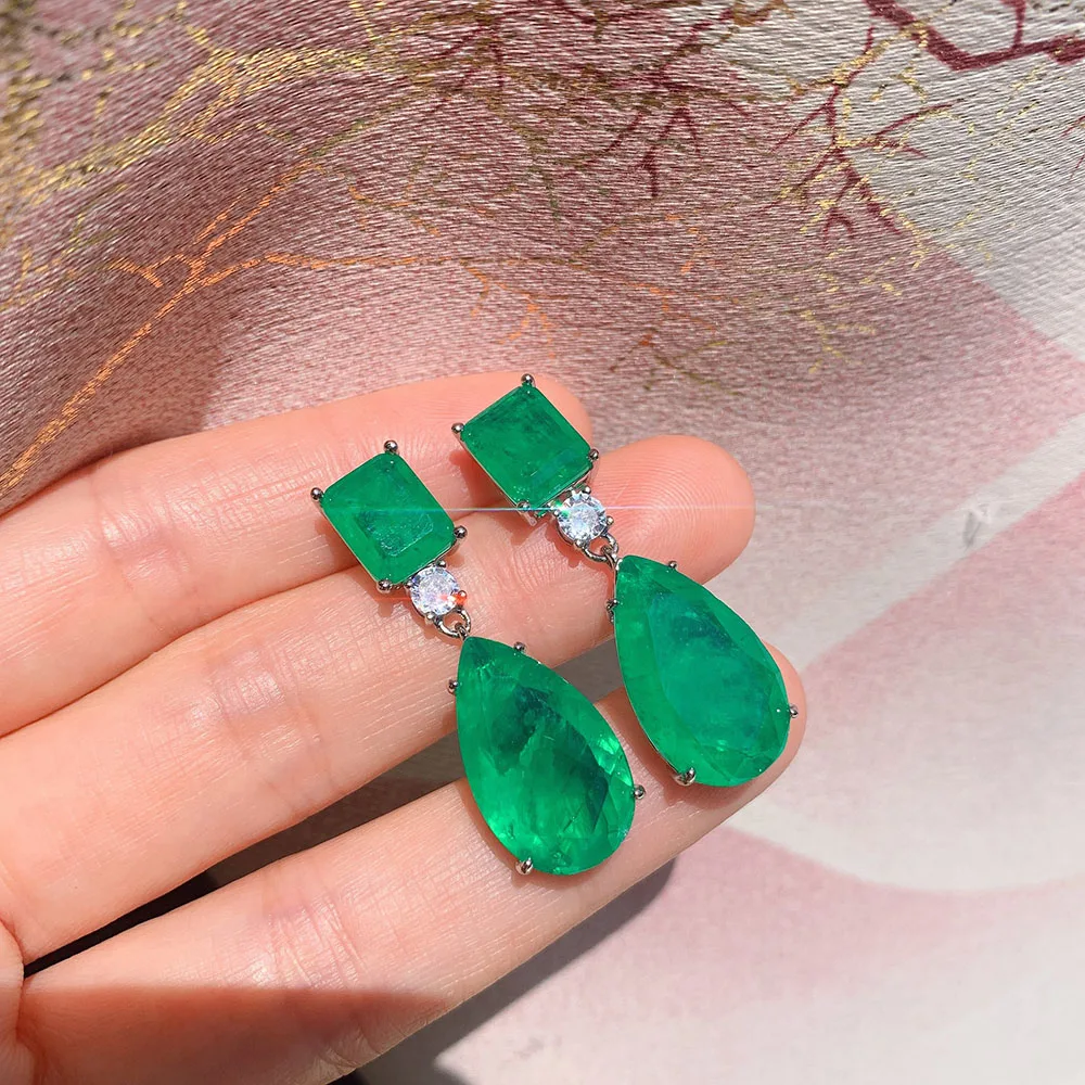 2021 Trend Paraiba Tourmaline Emerald Gemstone Big Drop Earrings for Women Cocktail Party Fine Jewelry Anniversary Female Gift