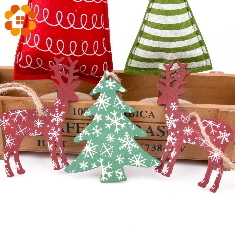 6 шт/партия одиночные снежинки напечатанные деревянные оленьи елки подвески рождественские украшения деревянный материал красные зеленые украшения DIY Декор