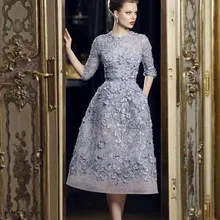 Чай Длина Формальные платья знаменитостей трапециевидной формы Высокий воротник кружевной рукав до локтя цветы бисерные вечерние платья для красной дорожки