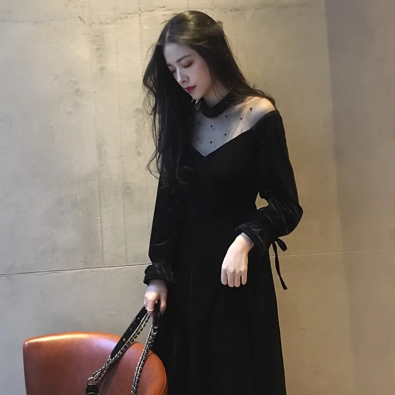 

New 2020 Black Velour Sexy Dresses Mesh Patchwork Velvet Dress Female Autumn Winter Casual Slim Womens Clothing WXF626