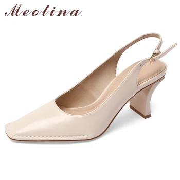 

Meotina Slingbacks Pumps Genuine Leather High Heels Shoes Women Square Toe Strange Style Footwear Lady Summer Dress Shoes Size 9