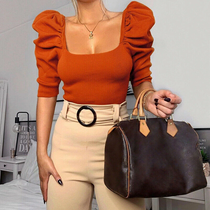 Blusa informal con volantes mujer, de moda de Color liso, trajes para discoteca, 4 colores, 2020|Camisetas| - AliExpress