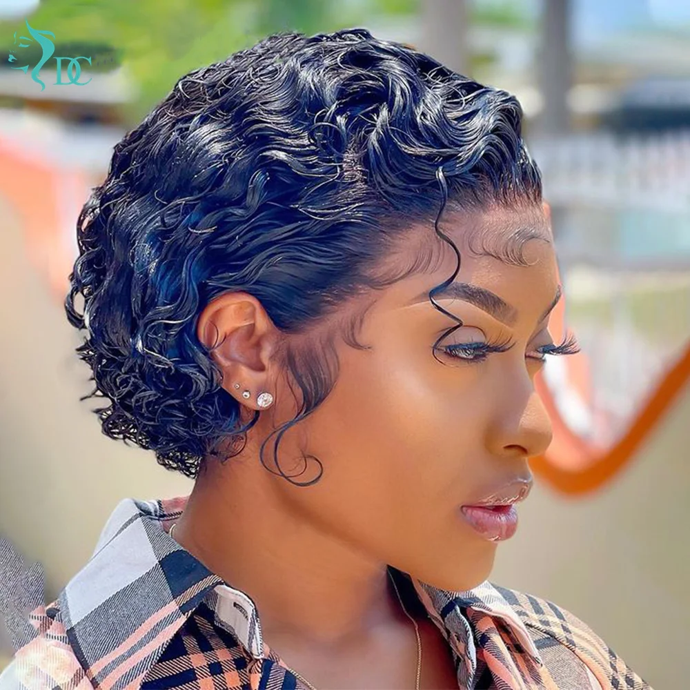Pixie Cut Wig Short Curly Human Hair 13x1 Transparent Lace Frontal Deep Water Bob Cheap | Шиньоны и парики