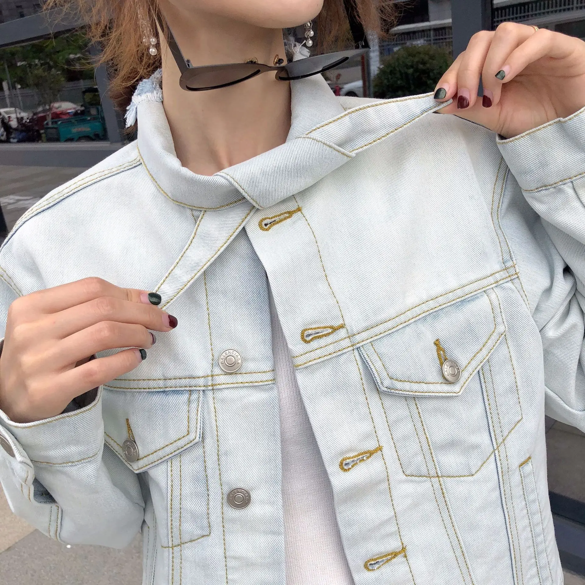 

2018 New Style with Holes Bar-shaped Neckline Jeans Coat WOMEN'S Top