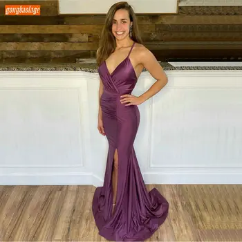 

Simple Purple Mermaid Evening Dresses Long V Neck Roland Silk Sexy Backless Evening Gowns 2020 Slim fit Women Party Formal Dress