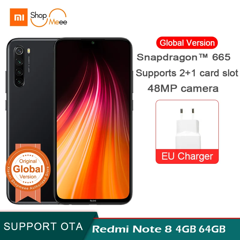 Xiaomi Redmi Note 8 с глобальной версией, 4 Гб ОЗУ, 64 Гб ПЗУ, 48 МП, четыре камеры Snapdragon 665, четыре ядра, FHD экран 6,3 дюйма, 4000 мАч