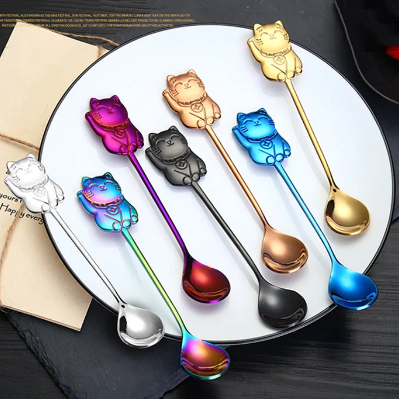 14cm Stainless Steel Lucky Cat Spoon for Plates Mini Food Fruit Cake Dessert Ice Cream Coffee Kitchen Accessories | Дом и сад