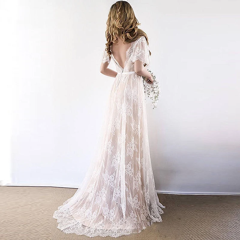 

Boho Wedding Dress 2019 V Neck Cap Sleeve Lace Beach Wedding Gown Cheap Backless Custom Made A-Line Bride Dresses