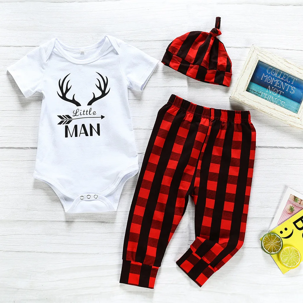 Комплект из 3 предметов с надписью my first christmas, для новорожденных, для мальчиков, одежда для малышей короткий рукав в виде оленьих рогов и красного цвета с рисунком в клетку штаны Рождественский короткий рукав اطفال