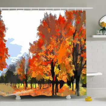 

Shower Curtain Set with Hooks 66x72 Glade Painting Vibrant Artwork Autumn Landscape Trees Footpath Nature Vivid October Maple