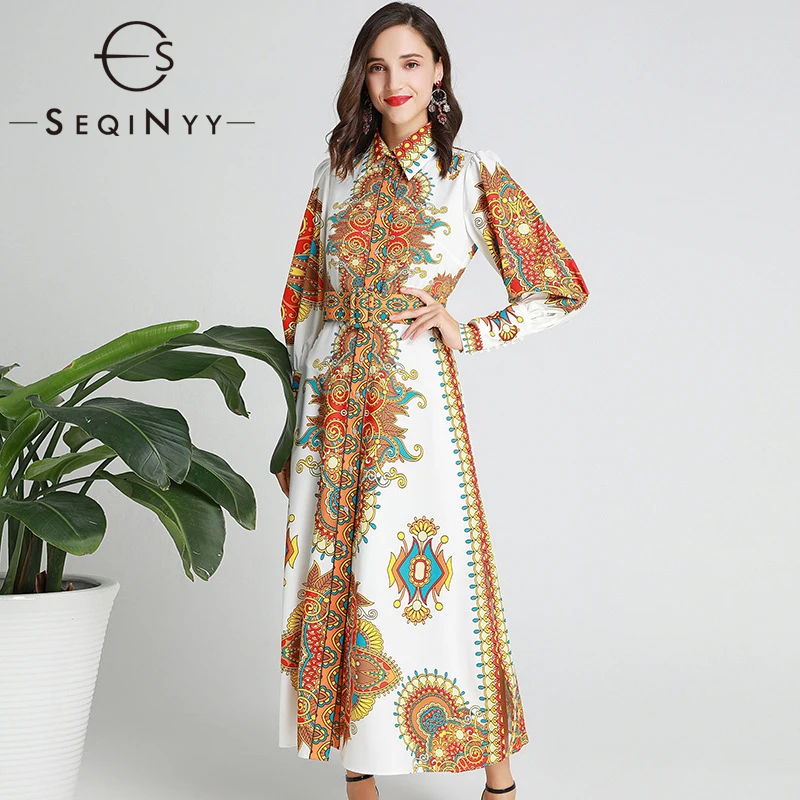 SEQINYY винтажное платье весна осень модный дизайн длинный рукав фонарь с цветочным принтом женское миди элегантное платье