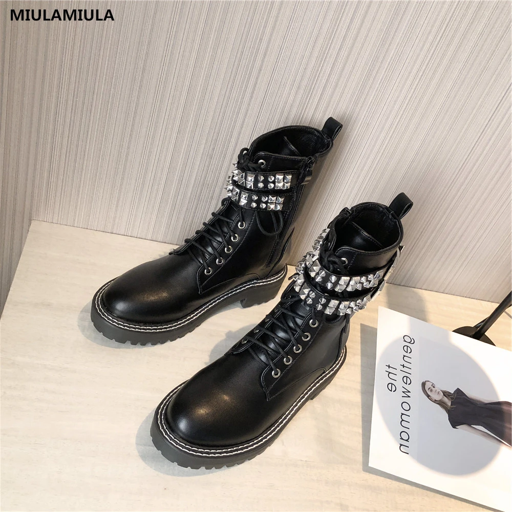 Koop MIULAMIULA Merk Ontwerpers 2019 Winter Luxe Klinknagel Zwarte Lederen Cross Tie Platform Schoenen Lady Laarzen Rits Maat 35 40