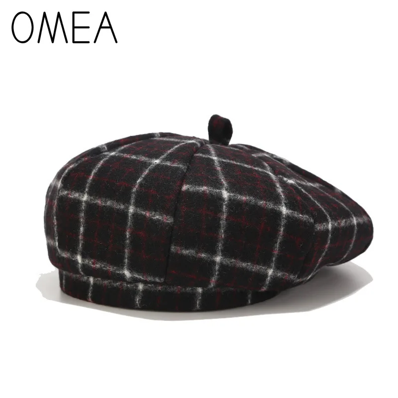 OMEA, клетчатый берет, шапка для женщин, зимняя, Ретро стиль, берет, шапка тыква, хлопковая шапка для художника, берет, Femme, клетчатая шапка, весенняя, восьмиугольная шапка, шапка