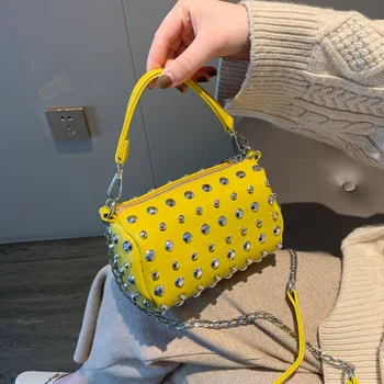 

2020 new ins wild rivet shoulder messenger bag chain fashion pillow bag personalized pu cylinder women yellow bag