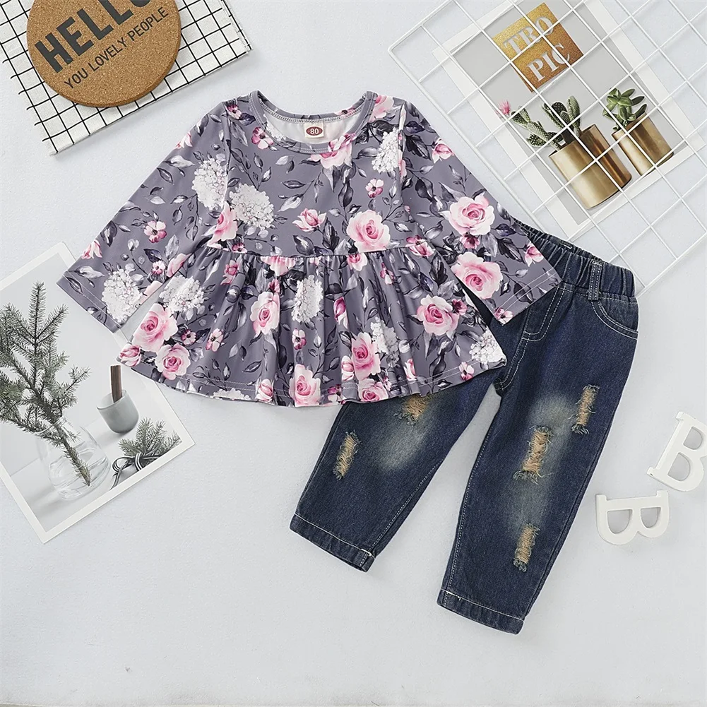 Emmababy топ с цветочным принтом для маленьких девочек, джинсовые штаны, штаны, комплект одежды