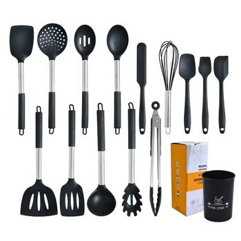 

Silica Gel Kitchen Ware Stainless Steel Tube Handle Kitchenware 14 Pieces Non-stick Pot Cooking Shovel Set Silicone