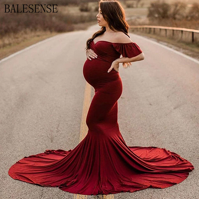 Womens Maternity Long Dress Off Shoulder Mermaid Fitted Lace Gown for Baby Shower Photo Shoot Pregnancy Dress 