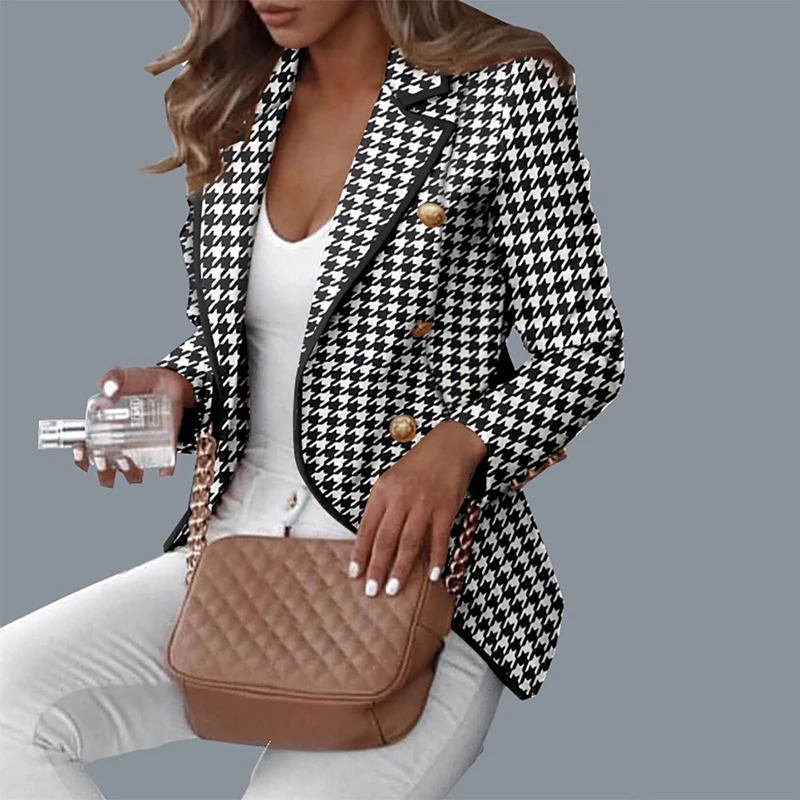 Office Lady Houndstooth Plaid Blazer Coat 2021 Autumn Women Long Sleeve