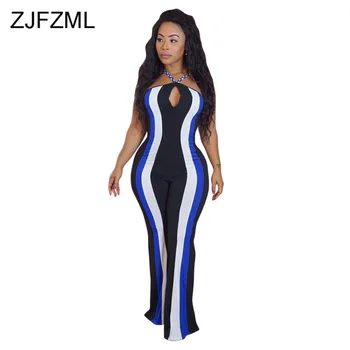 

Spaghetti Strap Elegant Bodycon Jumpsuit Women Striped Spliced Backless Skinny Romper Casual Cut Out Sleeveless Wide Leg Overall