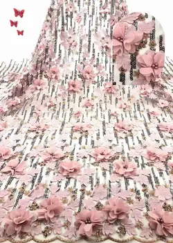 

Hot Sales pink handmade french beaded lace fabrics / 3d flower sequins fabric luxury full beaded bridal lace fabric 5yards FB820