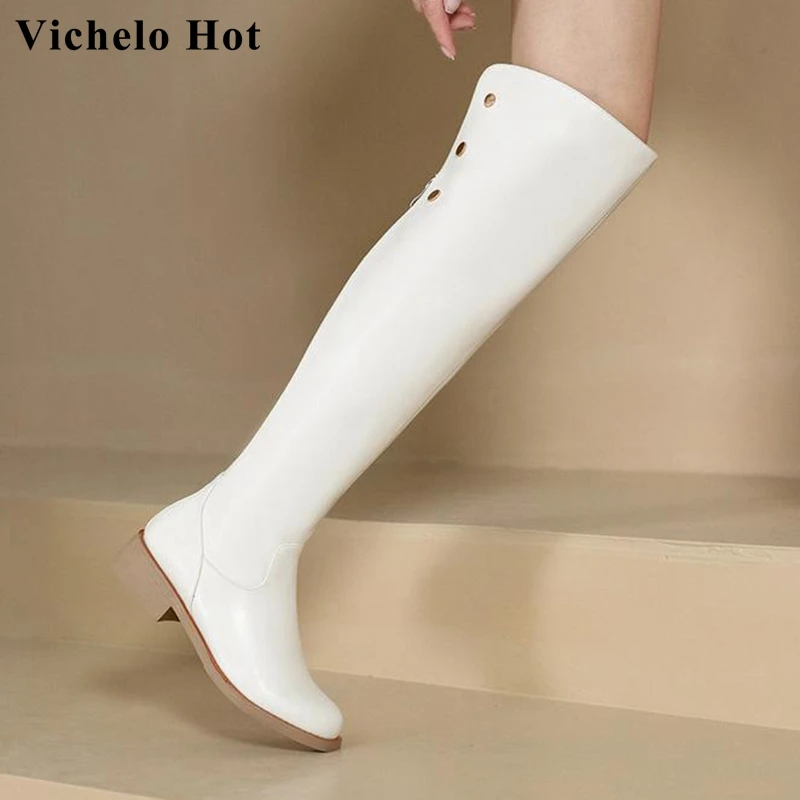 

Vichelo Hot equestrian boots cow split leather metal round toe thick med heels winter warm preppy style over-the-knee boots l23