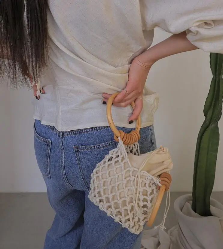 Ladies Handbag Casual Retro Woven Wooden Handle with Inner Cloth Drawstring Bucket Bag Vacation Beach Style