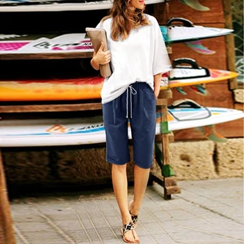 

Women Solid Five Pants Summmer Plus Size Loose Pocket Female Middle Pants Casual Harajuku Drawstring Beach Wear Woman Pants