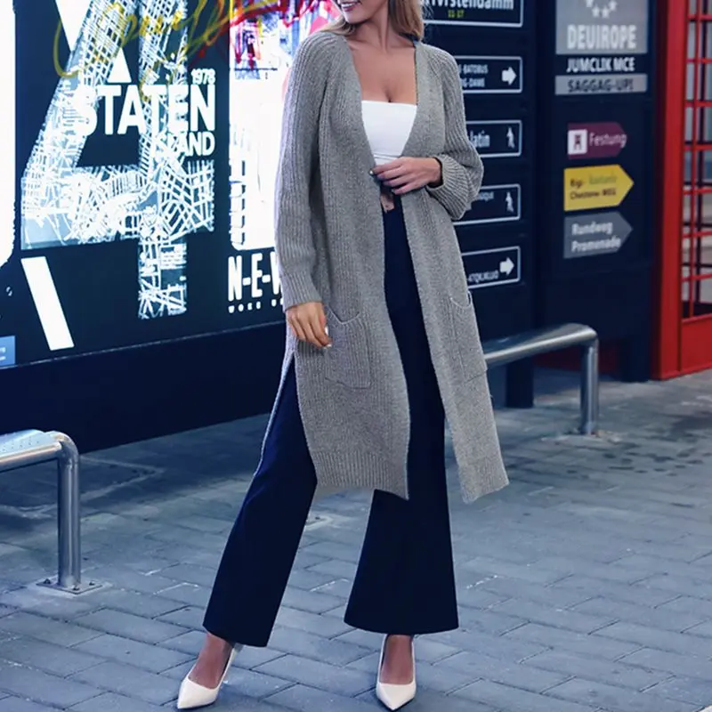 

Women Autumn Long Cardigan Female Winter Grey Split Loose Casual Long Knit Sweater Solid Color Knitwear Lazy Coat Warm Jacket